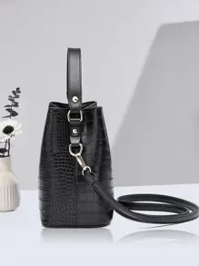 大容量，轻便，便携休闲，时尚迷你鳄鱼压纹顶部手柄水桶包鳄鱼压纹水桶包，仿皮单肩包女士时尚斜挎包 - 黑色 - 查看 7