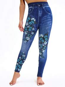 女士休闲牛仔风格紧身裤，带蝴蝶印花，高弹力，舒适，适合户外、旅行、徒步旅行、散步、购物、健身、瑜伽、休闲、春夏季 - 藍色 - 查看 2