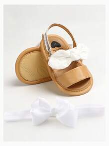 2 pièces Serre-tête vêtements de tête, sandales souples pour bébés filles, chaussures plates pour robe de mariée d'été pour nourrissons, sandales de plage, chaussures de berceau pour nouveau-nés, premiers marcheurs