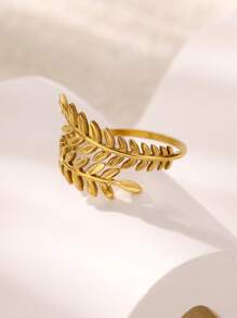 Delicados anéis de aço inoxidável com folhas de ginkgo e concha de sereia, cor dourada, duas folhas, franjas, anel aberto ajustável para mulheres, banhado a ouro 18K, à prova d'água, antidesbotamento, joias de casamento, férias, acessórios de uso diário, presentes para ela