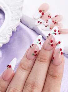 10 piezas Uñas postizas con patrón de cerezas lindas, adecuado para fiestas y viajes, versión de primavera - Rojo y blanco - Ver 5