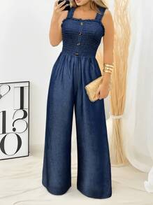 Solid Color Square Neck Suspenders Loose Romper,Chest Elastic Adjustment,Summer  Women's Outfit - Màu xanh hải quân - Xem 2