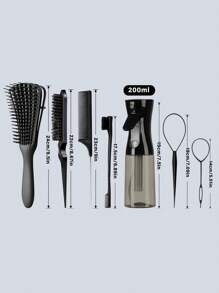 7 pièces/set Outils de coiffure, Set de peignes de coiffure, Bouteille de vaporisation transparente de 200 ml, Brosse à cheveux effilochée, Peigne à queue de rat, Brosse pour les bords et l'arrière pour le brossage, le peignage, le coiffage des cheveux pour les femmes, les voyages, l'extérieur, le sport, le bureau, l'école, accessoires capillaires