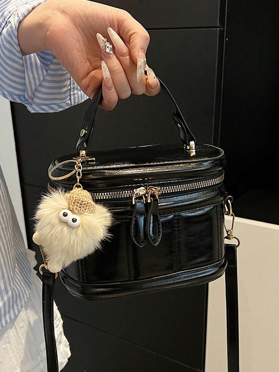 时尚棕色复古 PU 迷你手提包（含毛绒吊坠）