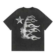 1 Piece, Washed Printed T-Shirt 250g Y2k Hip Hop Fashion High-Quality Wax Printed Cotton Retro Fashion T-Shirt, Suitable For Summer T-Shirt With A Certain Thickness, Holiday Gift - màu đen - Xem 1