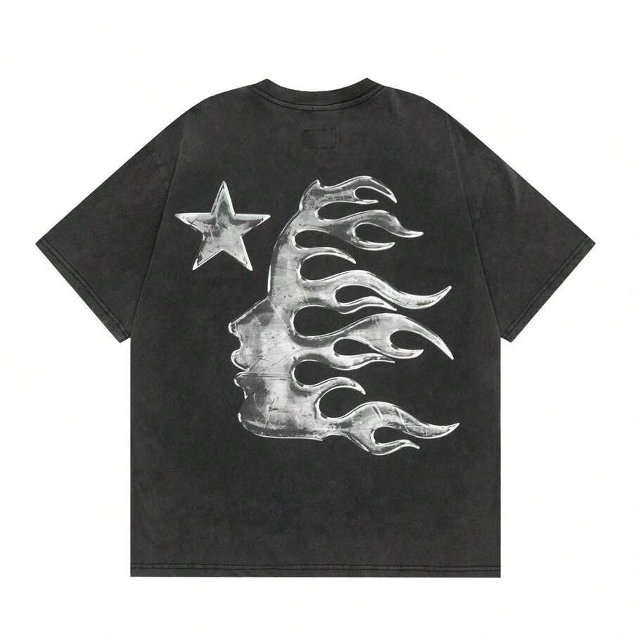 1 Piece, Washed Printed T-Shirt 250g Y2k Hip Hop Fashion High-Quality Wax Printed Cotton Retro Fashion T-Shirt, Suitable For Summer T-Shirt With A Certain Thickness, Holiday Gift - màu đen - Xem 1