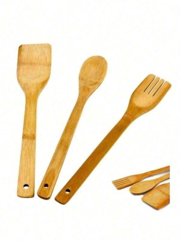 Kit 3 Utensílios de Bambu Cozinha com suporte