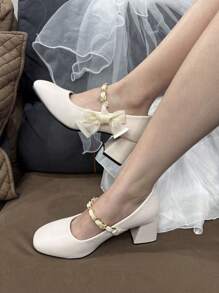 Teens' Square Toe Heeled Shoes, Fashionable, Elegant, Comfortable Soft Material, Ribbon & Pearl Design, Basic Style Suitable For Various Occasions - Beige - View 3