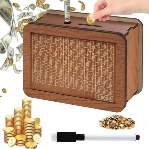 1 pieza Hucha con números y cheques, Caja de ahorros creativa DIY, accesorio de decoración del hogar, Hucha con contador, Hucha de madera reutilizable para planificación digital, Caja de almacenamiento de dinero en estilo retro