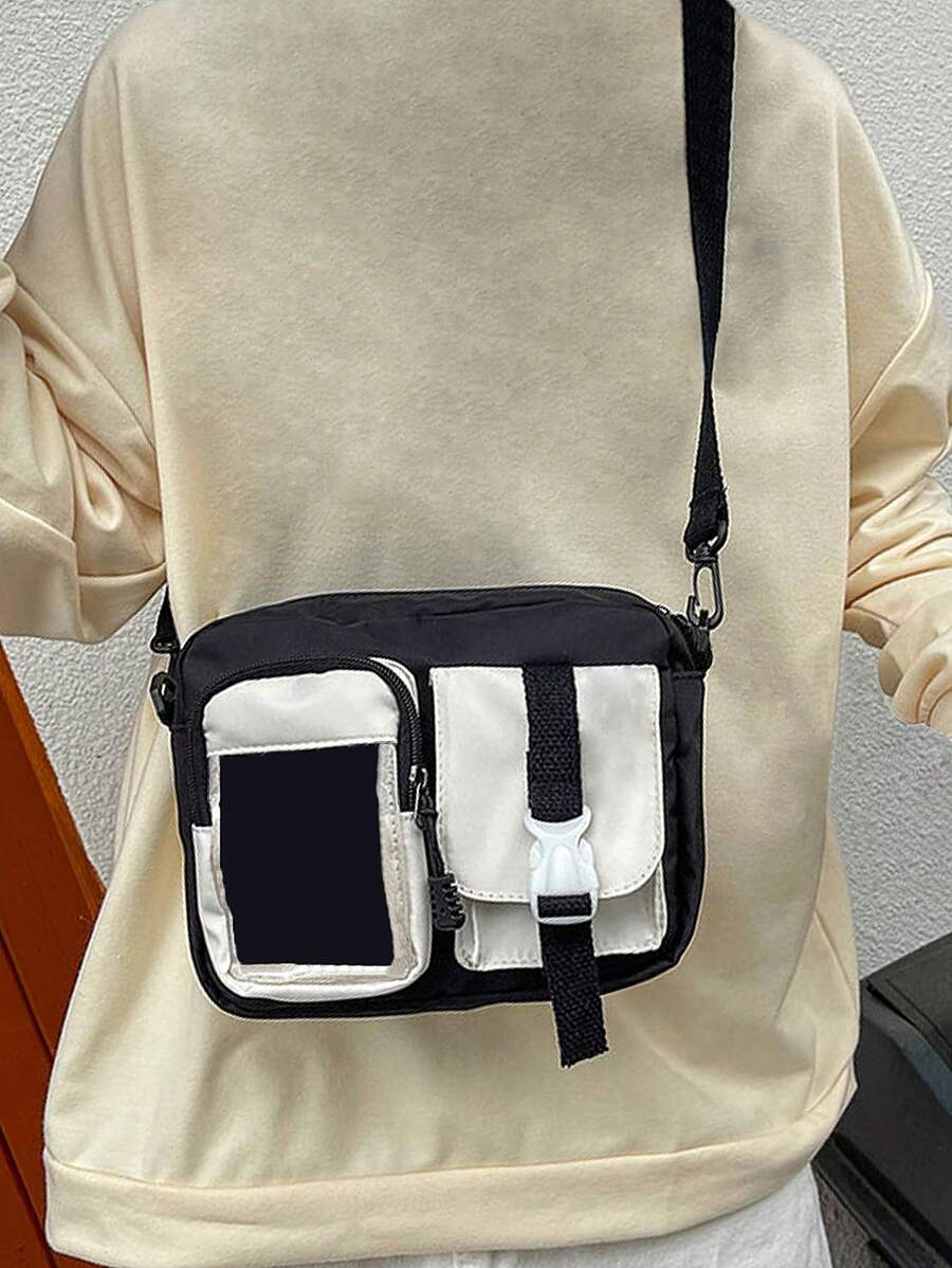 And Stylish Double Pocket Outdoor Sports Lightweight And Versatile Crossbody Bag, Made Of Nylon Material, Sturdy, With Adjustable Shoulder Straps, Suitable For Work And School Purse Sling Bag - Black - View 1