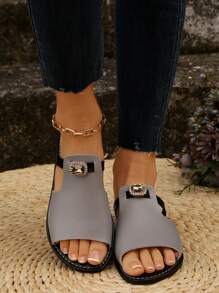 Women's Fashion Casual Contrast Color Rhinestone Decor Outerwear Sandals, Ladies Beach Flip Flops - Dark Grey - View 3