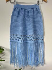 Skirt Knitted Beach Cover-Up With Fringes And Detail On The Hem. - 藍色 - 查看 2