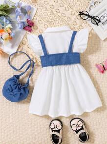 女婴春季白色马球领盖袖连衣裙，搭配牛仔效果吊带背心和迷你背包 - 白色 - 查看 2