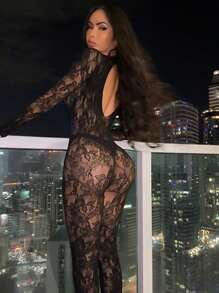 Women Long Sleeve Hollow Out High Stretch Lace Party Baddie Night Out Jumpsuit - màu đen - Xem 1