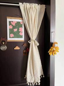 1pc Bohemian Checkered Linen Curtain, Sheer Floral Patterned Boho Style Curtain, Transparent Room Divider Curtain For Bedroom, Living Room, Home Decor, All Season