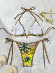 2pcs Women's Tropical Plant Print Bohemian Style Bikini Set, Sexy Swimwear