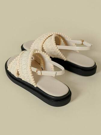 2025 春秋厚底绑带扣凉鞋，露趾坡跟复古波西米亚海滩度假软底防滑舒适流苏编织网眼休闲鞋，大码女款 41-43，杏色圆头交叉带罗马凉鞋