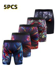 5pcs/Set Animal Printed Long Boxer Briefs, Stretchy Comfort Sports Casual Underwear - 彩色 - 查看 3
