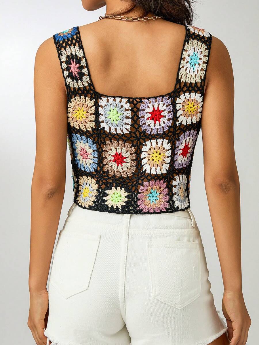 Women's Sheer Floral Crochet Square Neck Sleeveless Cover Up Tank Crop Tops - Apricot - View 1