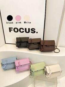 1pc Pu Fashion Bag For Girl Ins Versatile Wide Strap Small Square Bag Fashionable Retro Shoulder Messenger Bag, Candy Color Solid Color Bag, Flip Magnetic Buckle Design, Spliced Chain Shoulder Strap, Suitable For Girls' Daily Use, Travel, Fashionable And Versatile Square Bag Shape, It Is A Good Choice For Giving Gifts - Solid Color Crossbody Bag - View 2