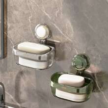 1pc Suction Cup Double Decker Soap Dish, Wall Mounted Drainage Soap Holder Bathroom Shelf No-Drill