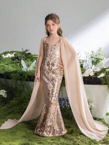 Girls' Sequined Evening Gown With Sweetheart Neckline, Back Tie-Up Closure, Sheer Floor-Length Sleeves & Flared Mermaid Silhouette – Ideal For Wedding Attire, Formal Galas, Red-Carpet Events, Pageant Dresses, And Elegant High-Tea Celebrations - Champagne - View 5