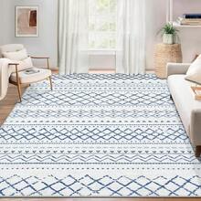 Large Washable 6x9 Area Rug: Boho Moroccan Geometric Neutral, Non-Slip Foldable Indoor Floor Carpet For Living Room, Bedroom, Dining Table - Beige, 6X9 - Blue - View 5