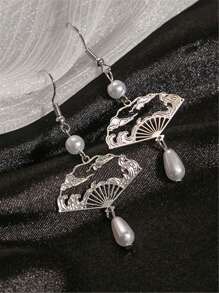 1 对中国银扇形珍珠耳环，复古镂空花卉甜美设计，适合女性 - 銀色 - 查看 4