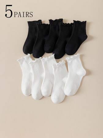 5 paires de chaussettes de couleur unie pour filles, en coton doux, sans couture, convenant pour le port quotidien, les fêtes, les vacances, la rentrée scolaire, s'adaptant bien aux chaussures habillées, aux baskets, aux mocassins, pour le printemps/l'été/l'automne/l'hiver, pour les âges de 2 à 12 ans