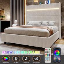 Corduroy Upholstered Platform Bed Frame With LED Lights, 60" Tall Wingback Headboard & Charging Station – No Box Spring Required - White - View 6