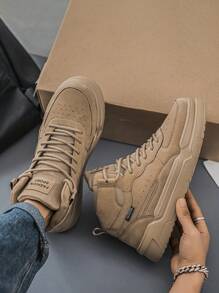 (Runs Small) Fashionable Retro Khaki Letter Decor Couple Shoes, Lightweight Versatile Comfortable High-Top Casual Sneakers, Unisex Outdoor Sports Shoes