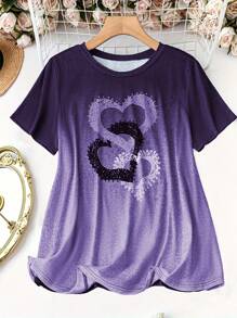 女士情人节心形渐变印花T恤 - 圆领短袖休闲夏季款 - 紫色 - 查看 1