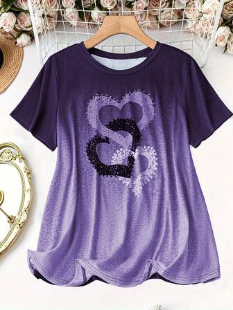 女士情人节心形渐变印花 T 恤 - 圆领短袖