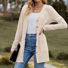 Women's Long Sleeve Open Front Knit Ribbed Cardigan Sweater With Pockets 2025 Winter Lightweight Cardigans Outerwear - Màu be - Xem 1