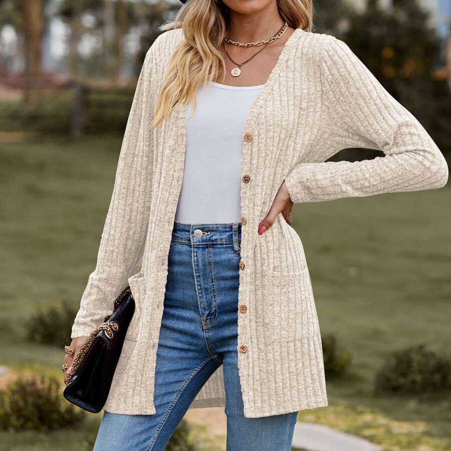 Women's Long Sleeve Open Front Knit Ribbed Cardigan Sweater With Pockets 2025 Winter Lightweight Cardigans Outerwear - Màu be - Xem 1