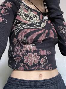 Women Y2k Fairy Grunge T-Shirt Top Vintage Floral Graphic Print Long Sleeve Crew Neck Shirts Gothic E-Girl Punk Tees Tops Aesthetic Clothes Goth Streetwear - 紅色 - 查看 4