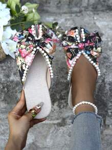 Women's Student Back-To-School Season Full-Print Faux Pearl Design Bow Flat Sandals Outdoor Fashion Wedding Work School Dormitory Vacation Travel Beach Can Be Worn - Multicolor - View 5