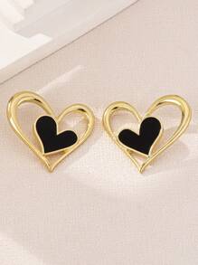 1 Pair Minimalist Fashionable Hollow Leopard Print Heart Drop Earrings, Versatile European & American Style - Black - View 5