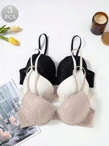 3 件装女士蕾丝钢圈内衣文胸加厚聚拢内衣文胸，多种颜色可选 - 彩色 - 查看 1