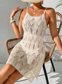 Women's Summer Bohemian Beach Vacation Dress, Colorblock Hollow-Out Knit Camisole Dress