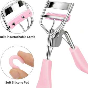 Arricciaciglia ELQ con cuscinetto in silicone, 1 pezzo di arricciaciglia in acciaio inossidabile rosa, con pettine, per arricciare e modellare, senza danneggiare le ciglia, per sollevare le ciglia, occhi più grandi, adatto per le ciglia delle donne