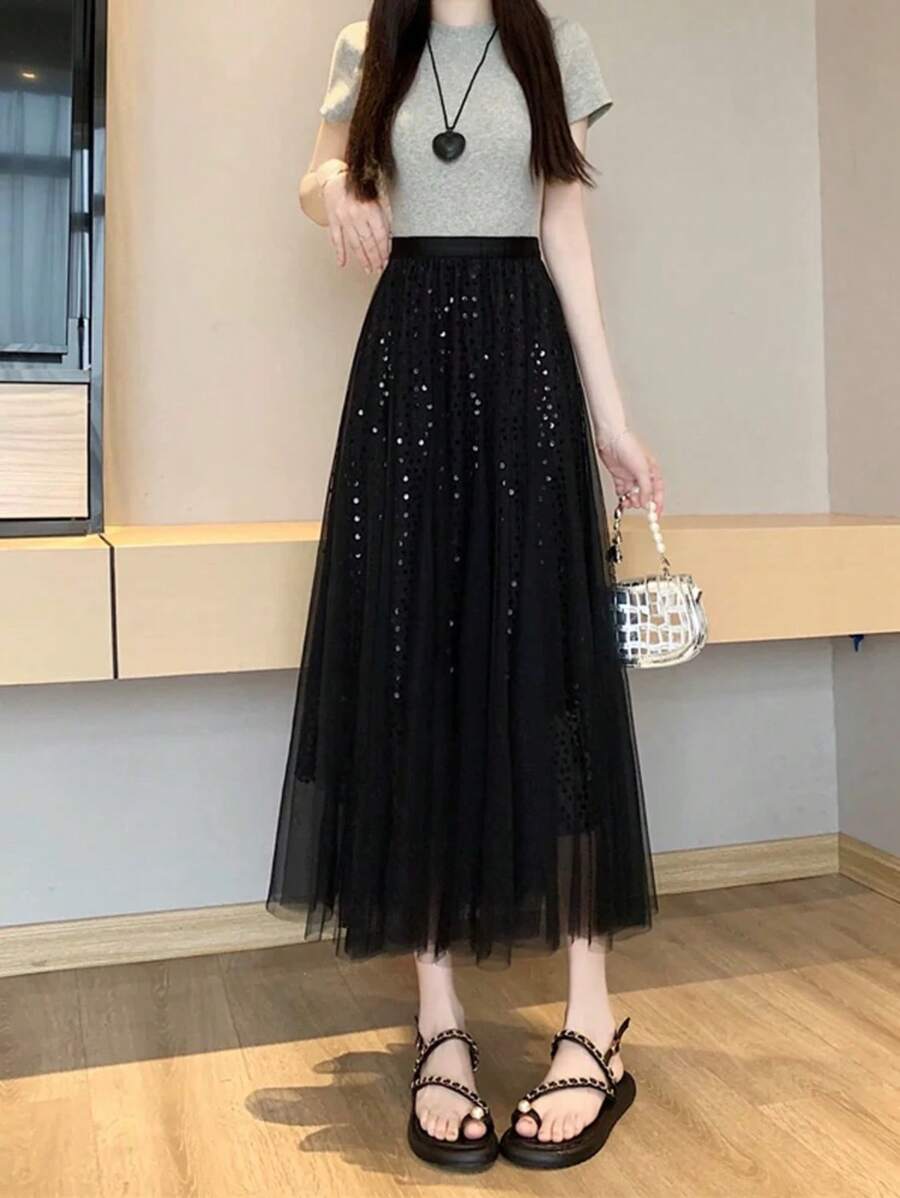 Best Quality Sequin Tulle Skirt Long Shiny Skirt WK-82 - màu đen - Xem 1