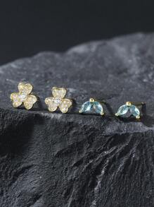 2 Pairs 4pcs Elegant Shiny Rhinestone Clover Stud Earrings, Copper Inlaid Mint Green Zirconia Eye-Shape Fashion Earrings