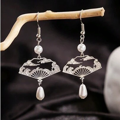 1 Cặp bông tai ngọc trai hình quạt bạc Trung Quốc, thiết kế hoa rỗng cổ điển ngọt ngào dành cho phụ nữ