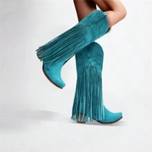 Women Fringe Cowboy Boots Square Toe Mid Calf Embroidered Western Boots,Tassel Cowgirl Boots Stacked Heel Retro Boots, Carnival Music Festival Concert Cowboy Boots - 藍色 - 查看 3