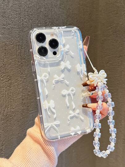 White Polka Dot Bow Design Shock-Proof Phone Case With Fashionable Lanyard, Compatible With Apple 17 Pro Max, 11, 12, 13, 14, 15 Pro Max/13 Pro Max, XR, XS, 16 And Galaxy A54 5G, A52, A14, A15, A12, S22, S21, S24, S25, S25 Ultra, S21 Ultra, A55 5G, A71 4G, A34 5G, A22, A13 4G, A05S And More