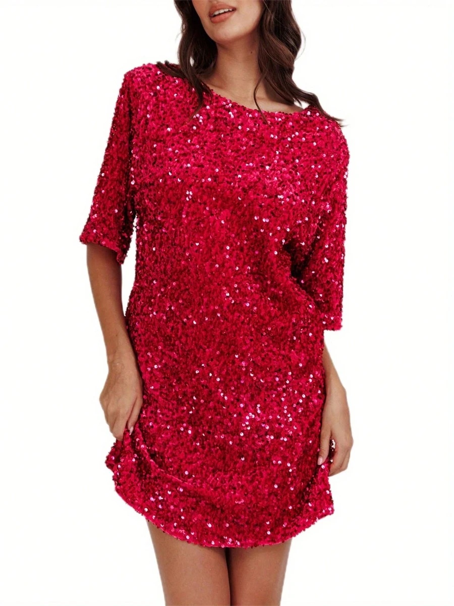 Women's Sequin Dress Casual Loose Sparkly Round Neck Short Sleeve Open Back Tie-Up Mini T-Shirt Dress For Party Club