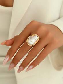 1pc Chunky Asymmetrical Baroque Faux Pearl Ring, Multicolor French Elegant Alloy Vintage Fashion Jewelry, Adjustable Open Band Size For Women