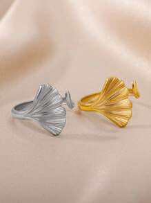 Delicados anéis de aço inoxidável com folhas de ginkgo e concha de sereia, cor dourada, duas folhas, franjas, anel aberto ajustável para mulheres, banhado a ouro 18K, à prova d'água, antidesbotamento, joias de casamento, férias, acessórios de uso diário, presentes para ela
