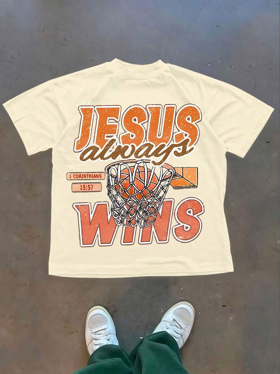WITH JESUS, WE ALWAYS WIN, PRAISE THE LORD! BASKETBALL, Men's Graphic Tees, Cotton Streetwear T-Shirt, Round Neck, Loose Fit, Fall & Holiday Travel, Unisex, Goth & Y2K Style - 杏色 - 查看 1